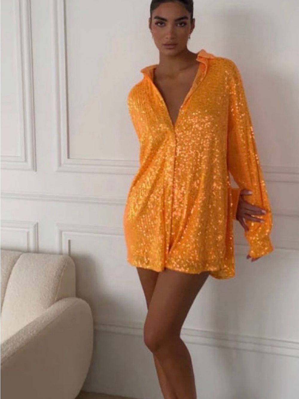 SLA the Label Orange Sequin Shirt Dress